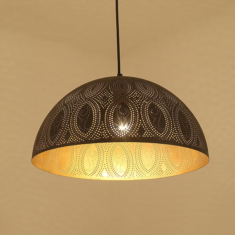 1-Light Dome Pendant Arab Style Black Metal Hanging Ceiling Lamp with Spot/Rhombus/Circle Pattern