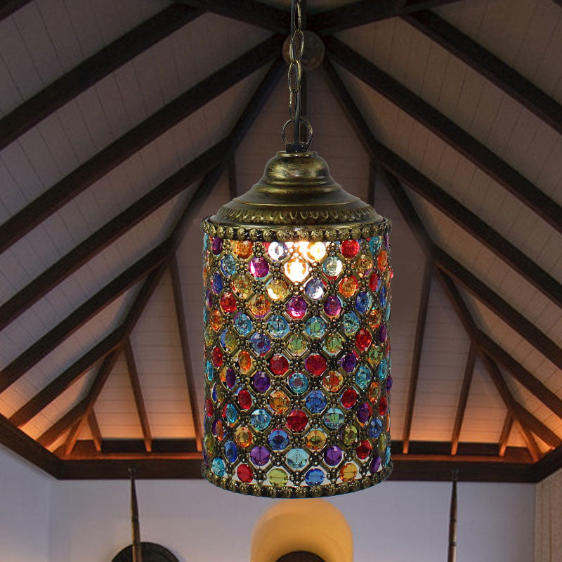 Vintage Cylinder Suspension Pendant Light 1 Light Metal Hanging Lamp in Bronze for Living Room