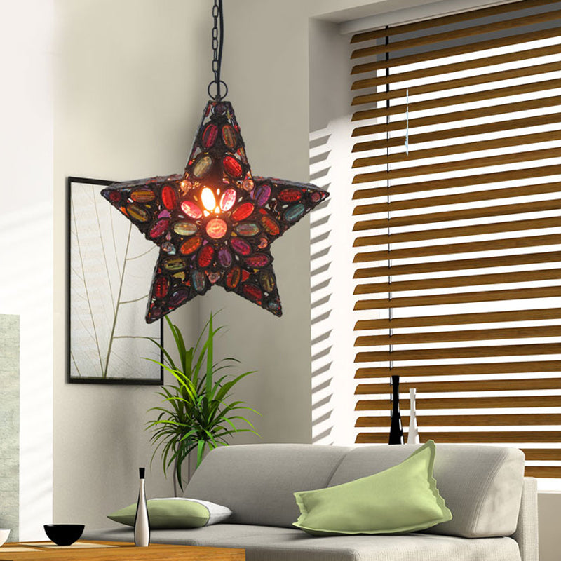 Metal Pentagram Pendant Ceiling Light Bohemian 1 Head Living Room Drop Lamp in Red