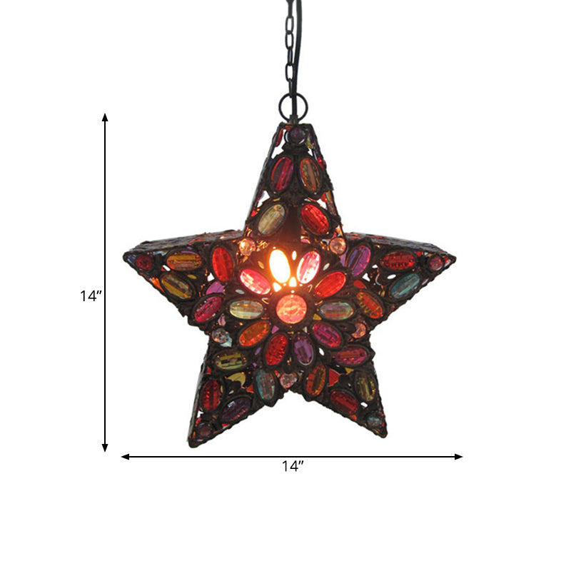 Metal Pentagram Pendant Ceiling Light Bohemian 1 Head Living Room Drop Lamp in Red