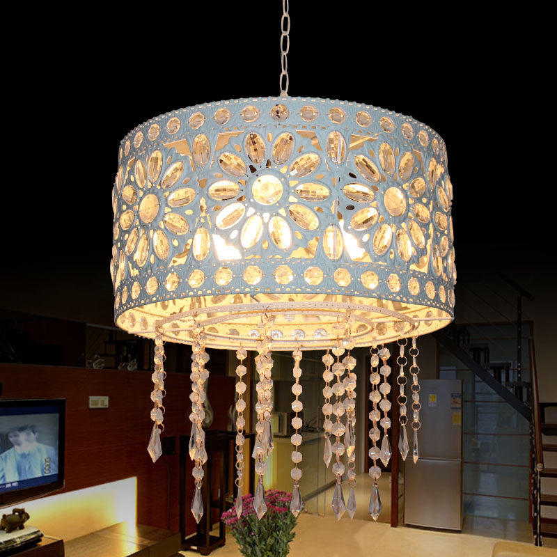 Drum Restaurant Chandelier Lighting Art Deco Metal 3 Bulbs White/Black Pendant Light Fixture with Crystal Accent