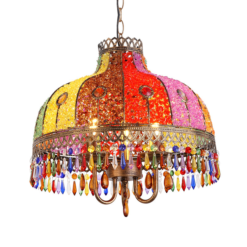 Bohemian Bowl Chandelier Lighting Fixture 3 Heads Metal Ceiling Pendant Light in White/Red/Yellow with Crystal Draping