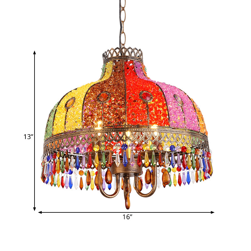Bohemian Bowl Chandelier Lighting Fixture 3 Heads Metal Ceiling Pendant Light in White/Red/Yellow with Crystal Draping