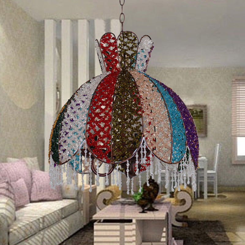 Bohemian Scalloped Pendant Chandelier 3 Heads Metal Hanging Ceiling Light in White/Red/Yellow with Dangling Crystal