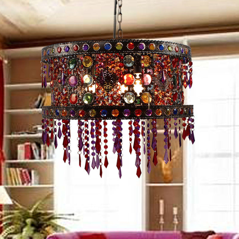 Drum soggiorno soffitto lampadario bohémien metallo 3 luci kit lampada sospesa in bronzo con accento cristallino