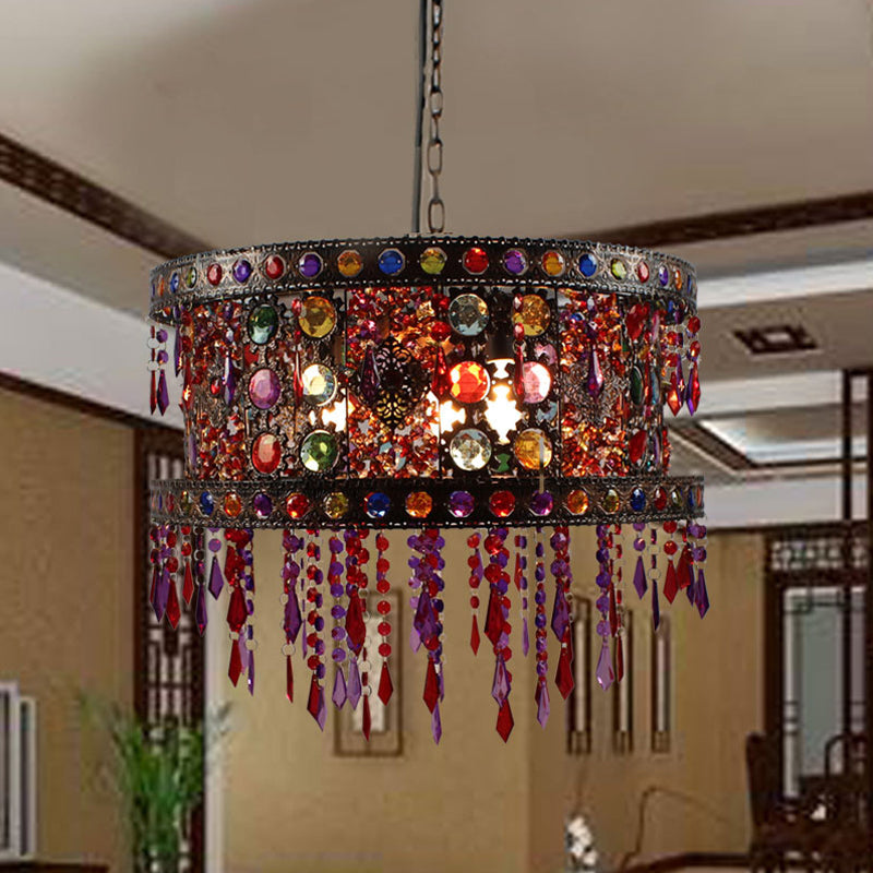 Drum Living Room Ceiling Chandelier Bohemian Metal 3 Lights Bronze Hanging Lamp Kit with Crystal Accent