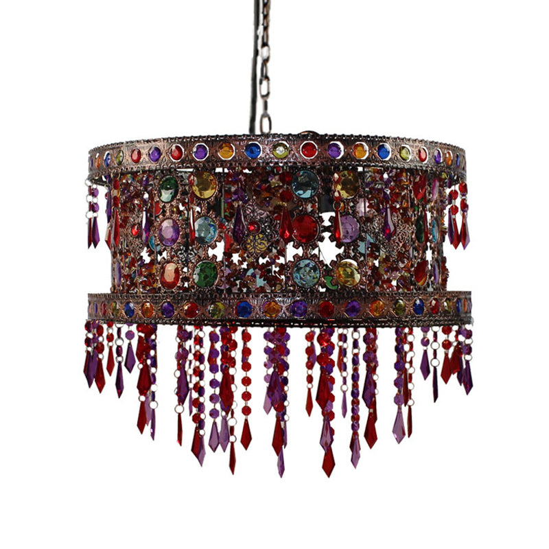 Drum Living Room Ceiling Chandelier Bohemian Metal 3 Lights Bronze Hanging Lamp Kit with Crystal Accent