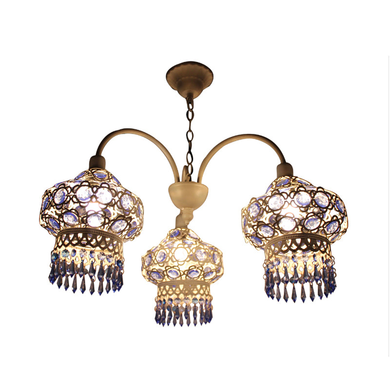Luminaire de lustre bleu en métal lanterne 3 ampoules Pendentif plafond traditionnel pour le salon