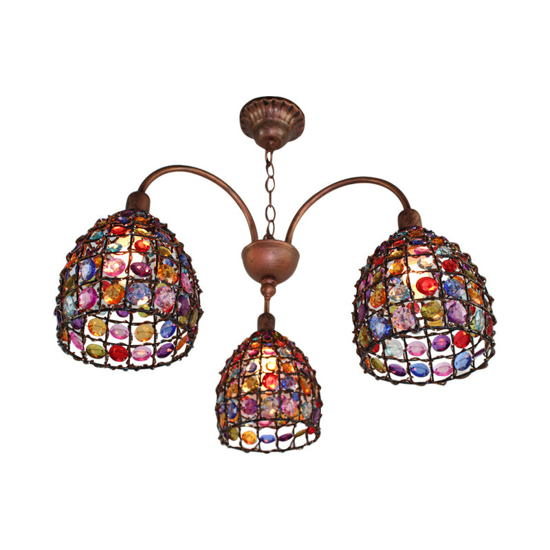 Traditional Dome Chandelier Lighting Fixture 3 Heads Metal Drop Pendant in Bronze for Bedroom