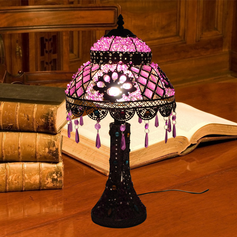 Dome Bedroom Night Table Lamp Decorative Metal 1 Light Purple Nightstand Lighting with Dangling Crystal