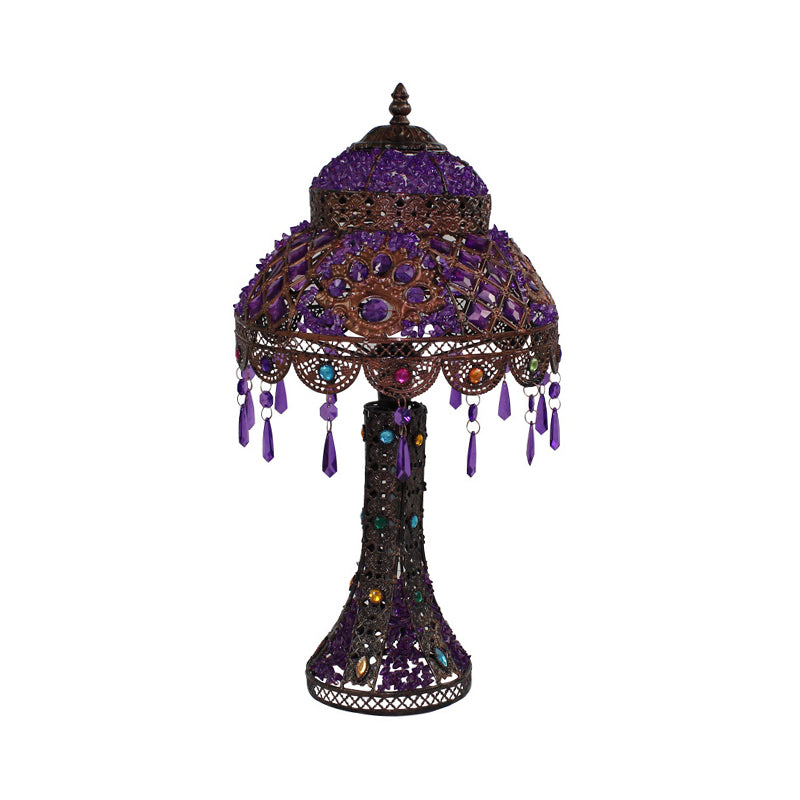 Dome Bedroom Night Table Lamp Decorative Metal 1 Light Purple Nightstand Lighting with Dangling Crystal