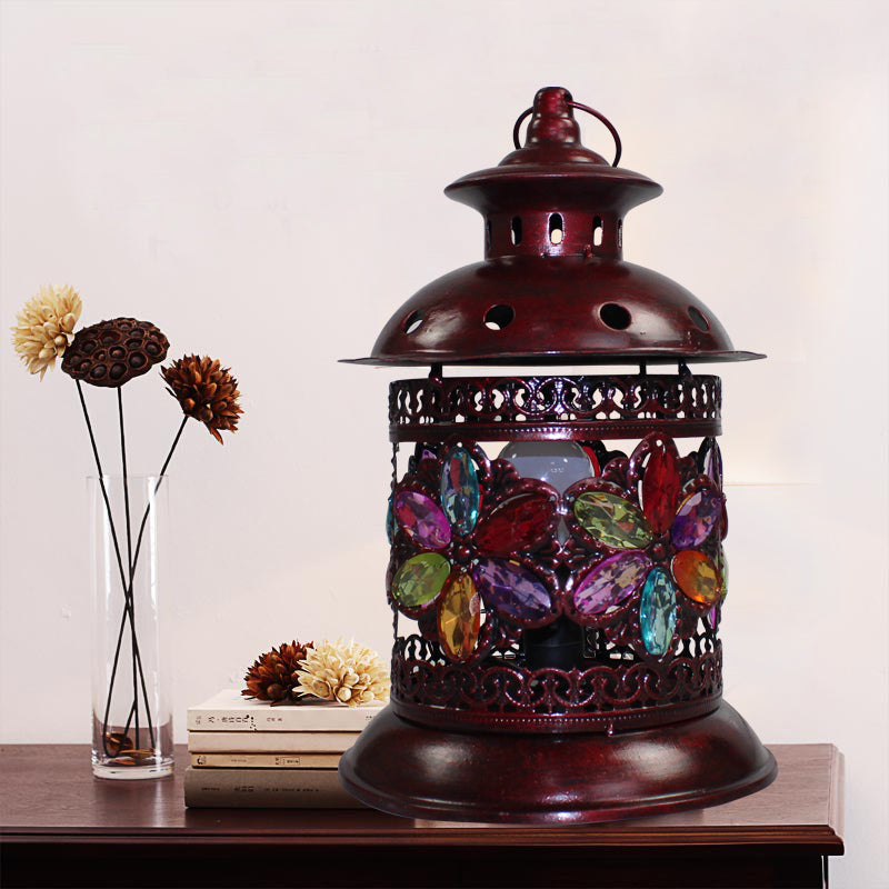 1-Bulb Metal Night Table Light Antique Copper Lantern Living Room Nightstand Lighting