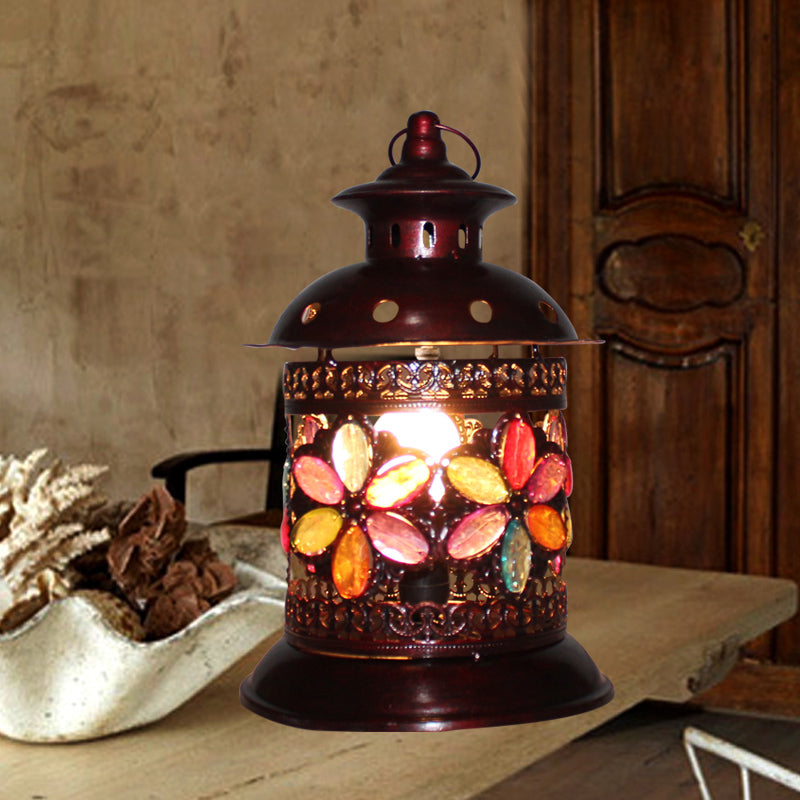 1-Bulb Metal Night Table Light Antique Copper Lantern Living Room Nightstand Lighting