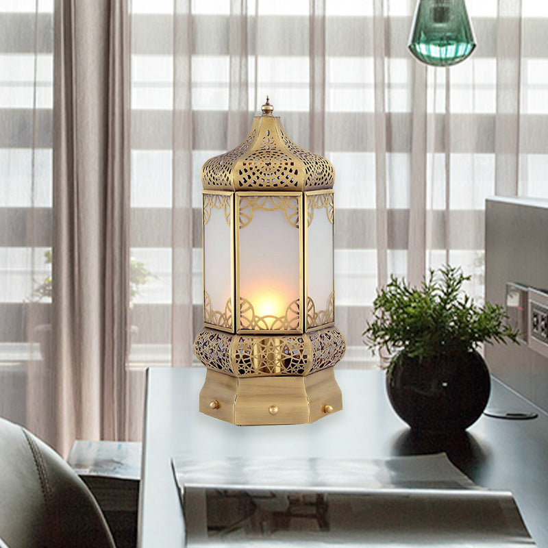 1 Light Desk Lighting Vintage Corridor Nightstand Lamp with Lantern Metal Shade in Brass