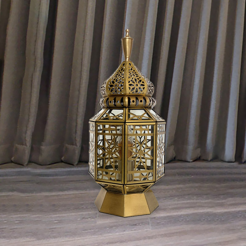 12.5"/14" Wide 1 Head Table Lamp Antiqued Lantern Metallic Nightstand Light in Brass for Bedroom