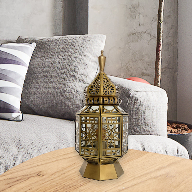 12.5"/14" Wide 1 Head Table Lamp Antiqued Lantern Metallic Nightstand Light in Brass for Bedroom