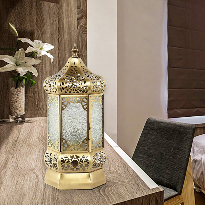 Metal Brass Finish Task Light Lantern 1 Head Traditional Night Table Lamp with Seeded Glass Shade