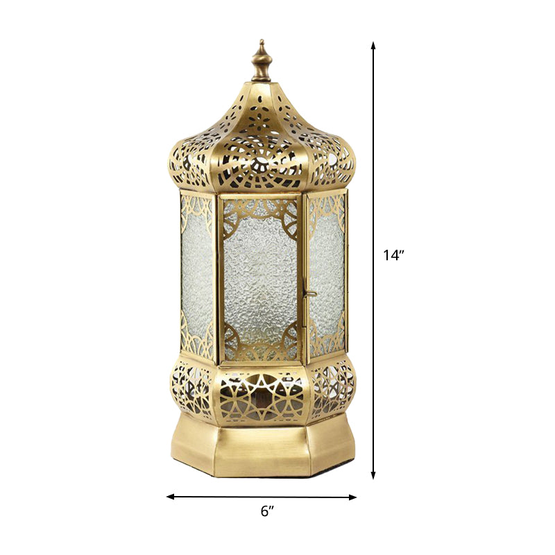 Metal Brass Finish Task Light Lantern 1 Head Traditional Night Table Lamp with Seeded Glass Shade