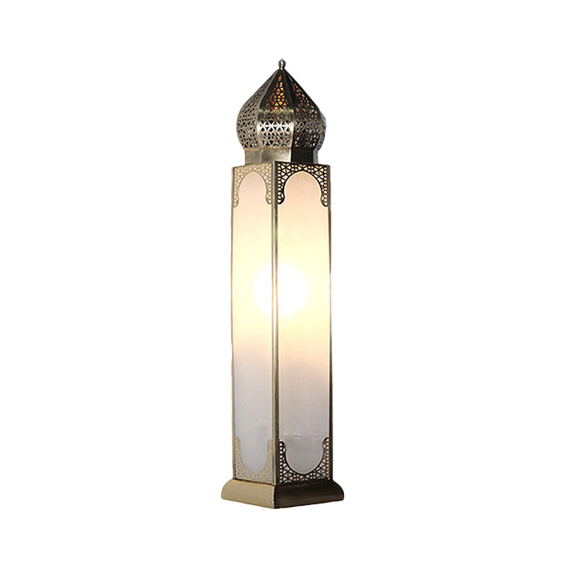 1-Head Desk Lighting Antiqued Living Room Night Table Lamp with Cuboid White Glass Shade in Brass