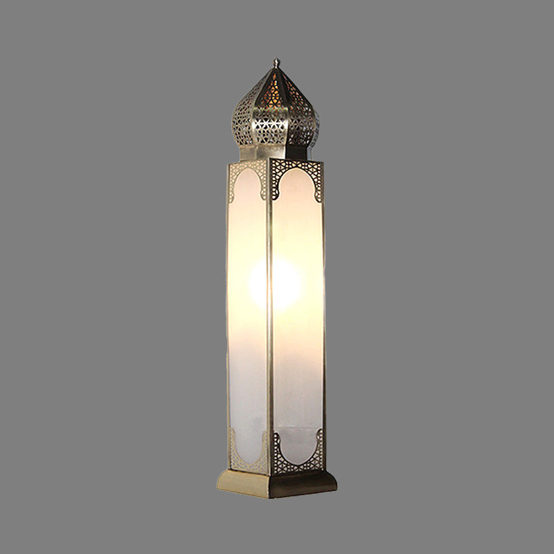 1-Head Desk Lighting Antiqued Living Room Night Table Lamp with Cuboid White Glass Shade in Brass