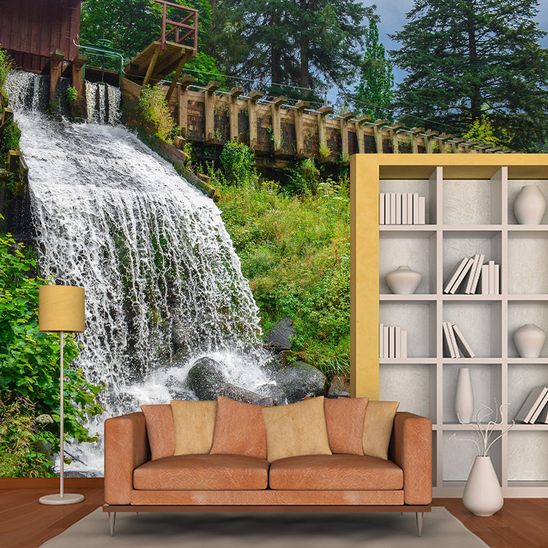 Country Style Water Mill Mural Mildew Resistant Wall Covering for Living Room Decor