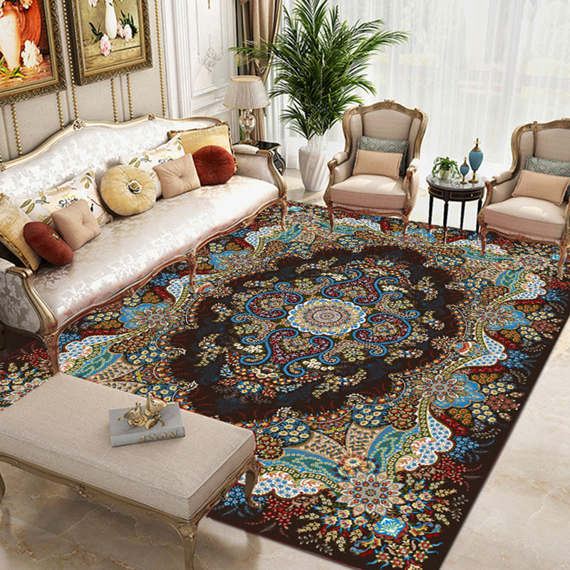 Moroccan Polyester Rug Retro Medallion Print Carpet Stain Resistant Area Carpet for Home Decor