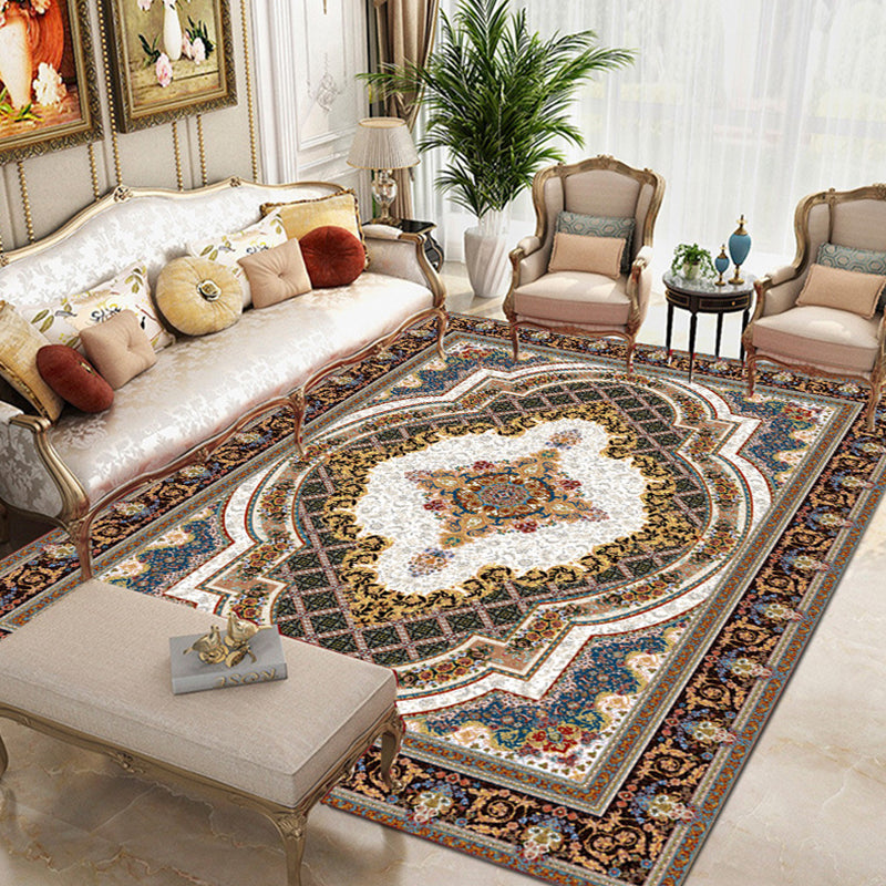 Moroccan Polyester Rug Retro Medallion Print Carpet Stain Resistant Area Carpet for Home Decor