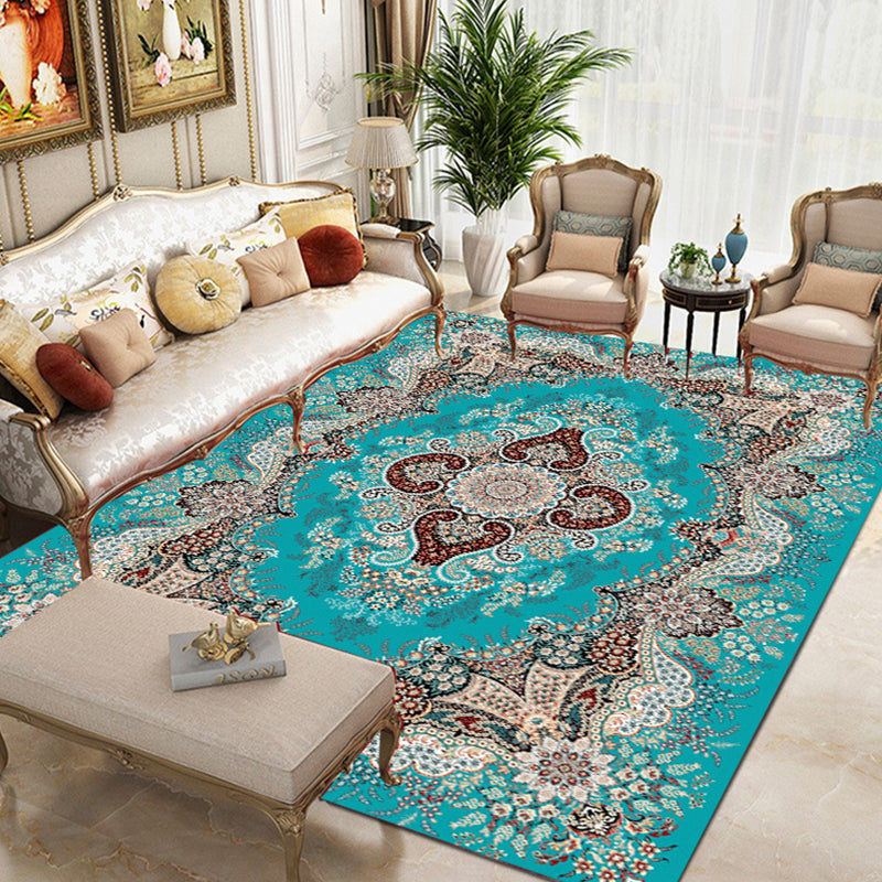 Moroccan Polyester Rug Retro Medallion Print Carpet Stain Resistant Area Carpet for Home Decor