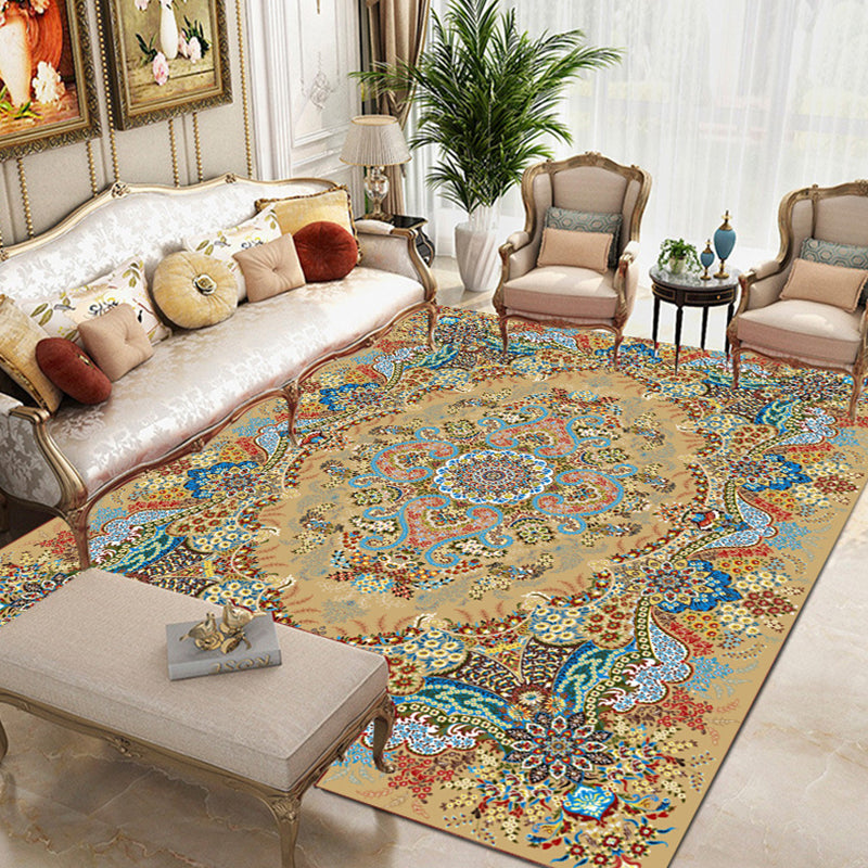 Moroccan Polyester Rug Retro Medallion Print Carpet Stain Resistant Area Carpet for Home Decor