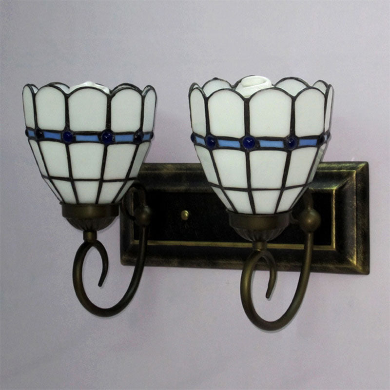 2-Bulb Handcrafted Art Glass Wall Lamp Tiffany Antiqued Bronze Bell Shaped Bathroom Vanity Light