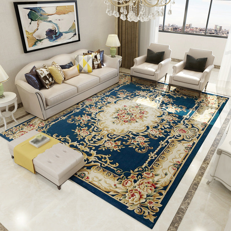 Navy Living Room Area Rug Medallion Pattern Polyester Area Carpet Stain Resistant Rug