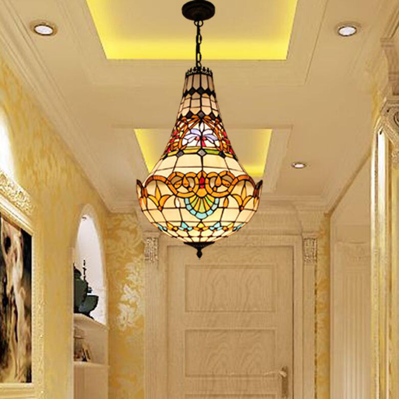 Domed Chandelier Pendant Light Tiffany Stained Glass Multi-Color Pendant Chandelier