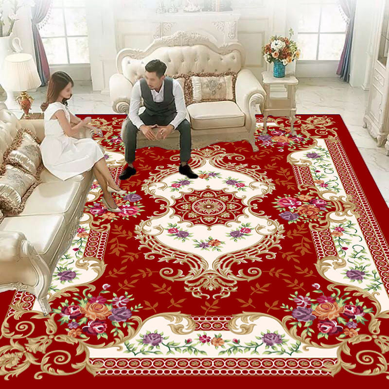 Vintage Washable Rug Classic Floral Design Rug Polyester Anti-Slip Carpet for Home Decor