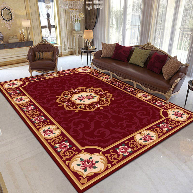 Tapis graphique polyester traditionnel rouge tapis de support sans glissement pour le salon