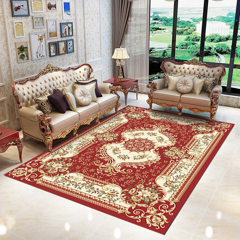 Tapis graphique polyester traditionnel rouge tapis de support sans glissement pour le salon