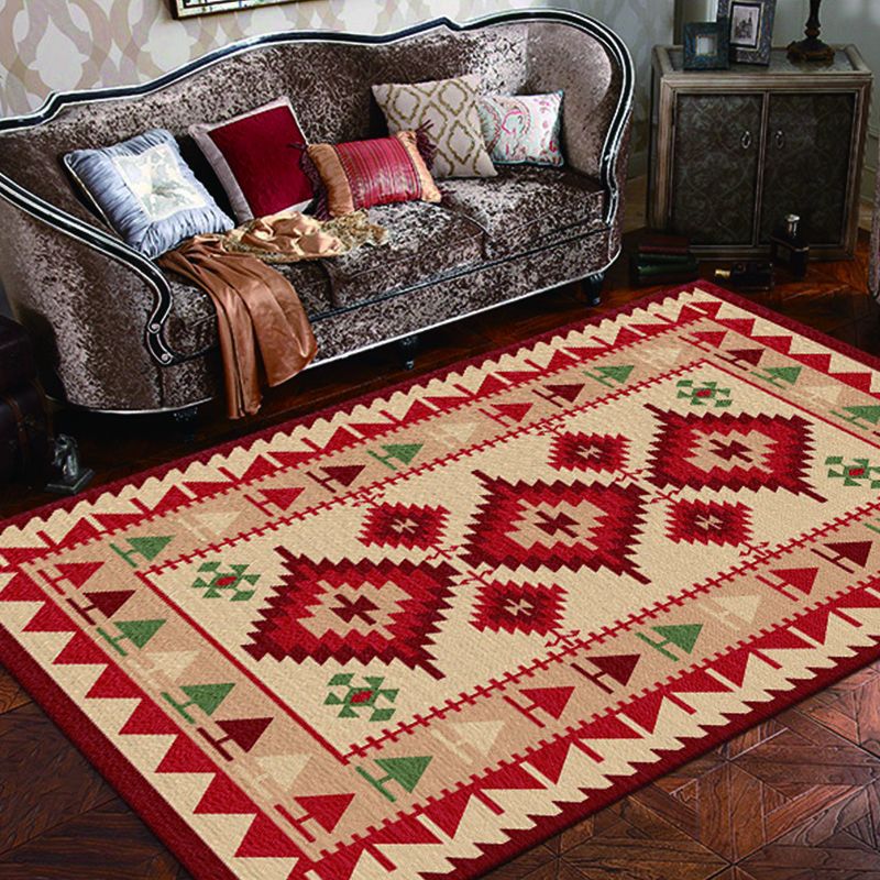 Donker Rood Boheems Trug Polyester Grafisch Tapicaal Non-Slip Backing Rug voor woningdecoratie