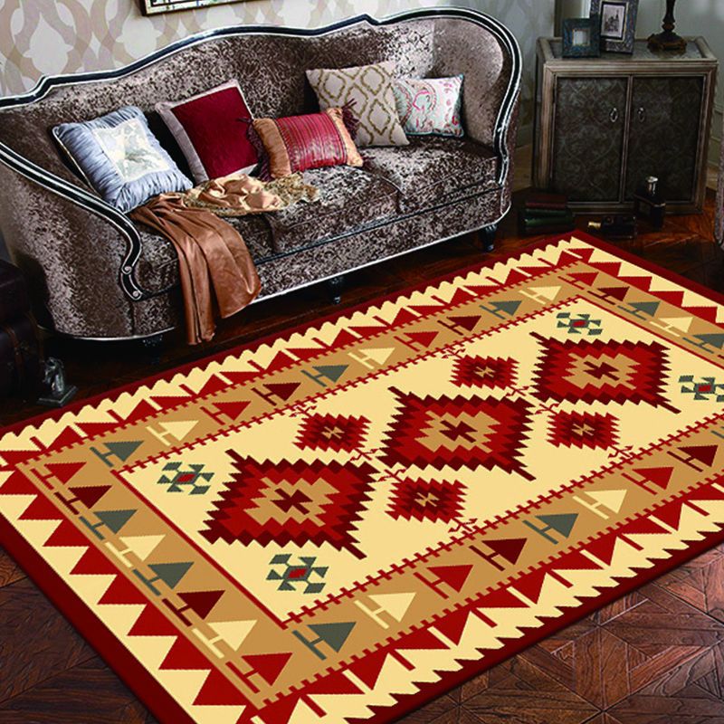 Donker Rood Boheems Trug Polyester Grafisch Tapicaal Non-Slip Backing Rug voor woningdecoratie