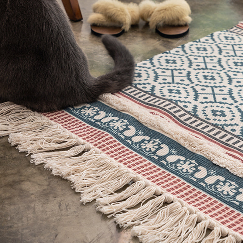 Boho-Chic Geometric Print Carpet Cotton Indoor Rug Fringe Pet Friendly Rug for Home Decoration