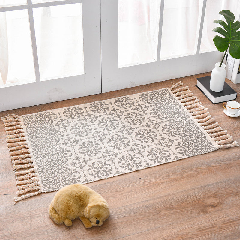 Vintage Americana Print Carpet Beige Cotton Blend Rug Fringe Area Rug for Home Decor
