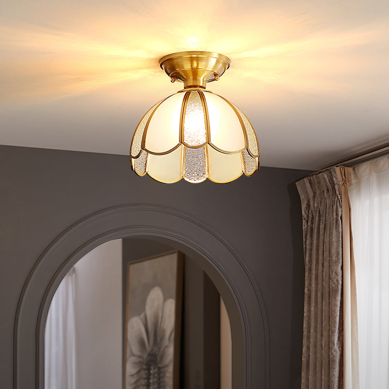 Golden 1 Head Glass Ceiling Light Colonial Style Semi Flush Mount Lamp for Sitting Room