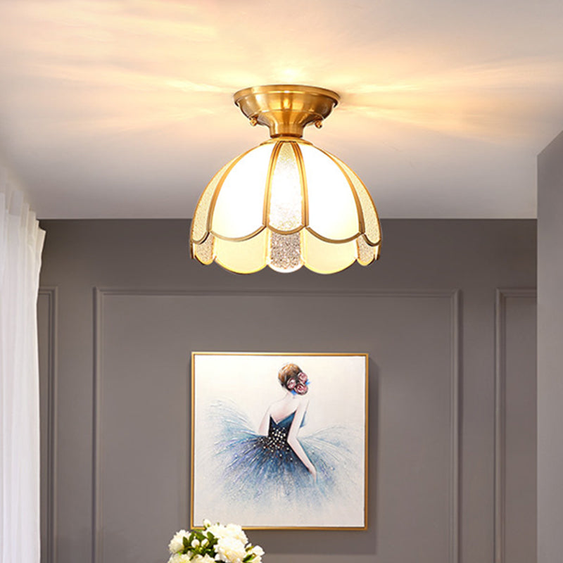 Golden 1 Head Glass Ceiling Light Colonial Style Semi Flush Mount Lamp for Sitting Room