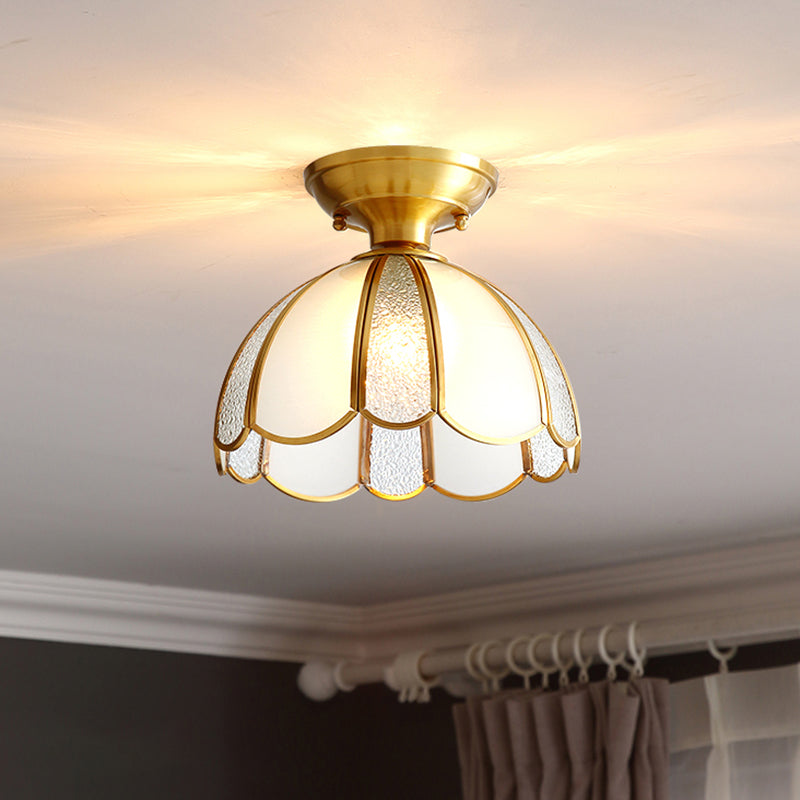 Golden 1 Head Glass Ceiling Light Colonial Style Semi Flush Mount Lamp for Sitting Room