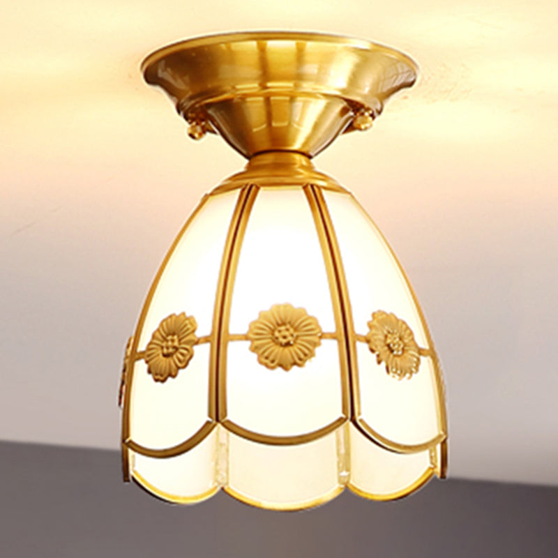 Golden 1 Head Glass Ceiling Light Colonial Style Semi Flush Mount Lamp for Sitting Room