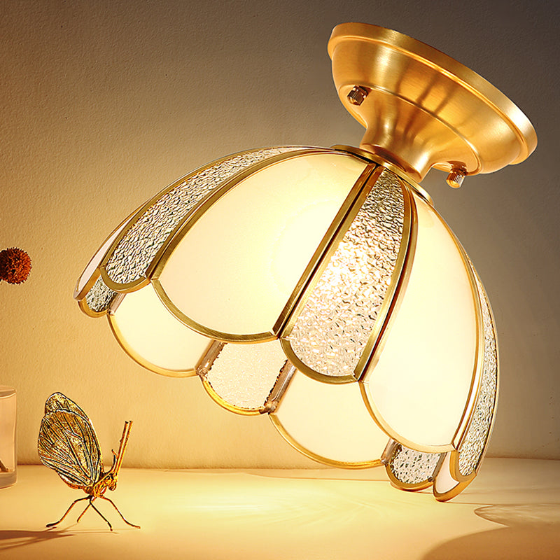 Golden 1 hoofd glazen plafondlicht koloniale stijl semi -spoelmontage lamp voor zitkamer