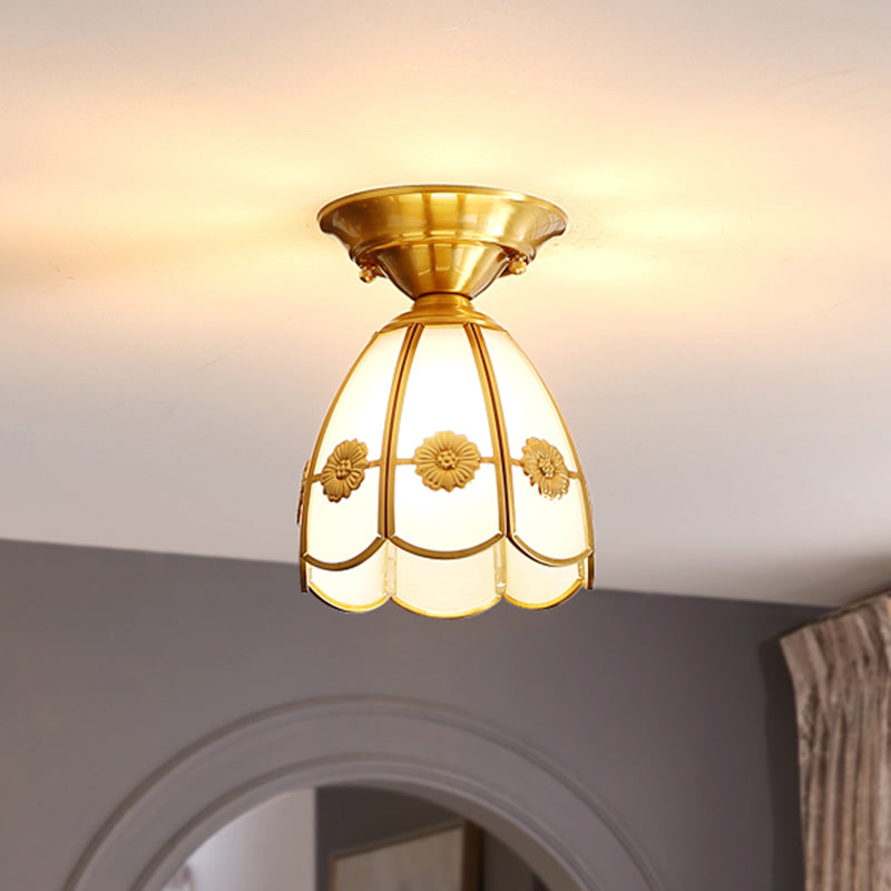 Golden 1 Head Glass Ceiling Light Colonial Style Semi Flush Mount Lamp for Sitting Room