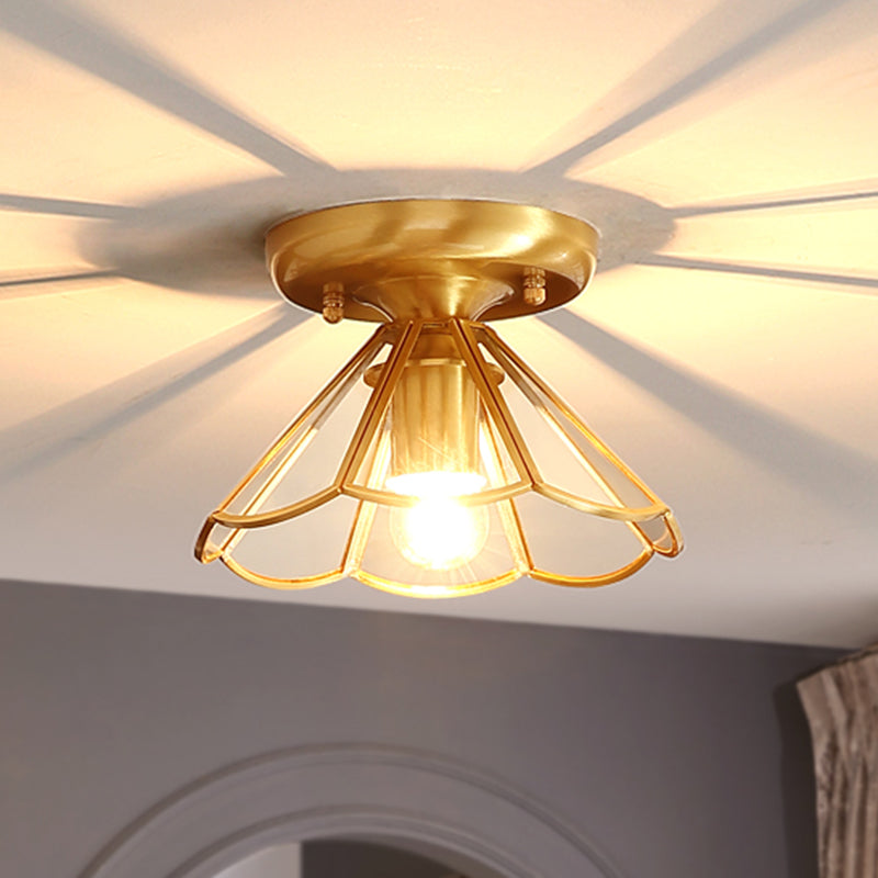 Golden 1 Head Glass Ceiling Light Colonial Style Semi Flush Mount Lamp for Sitting Room