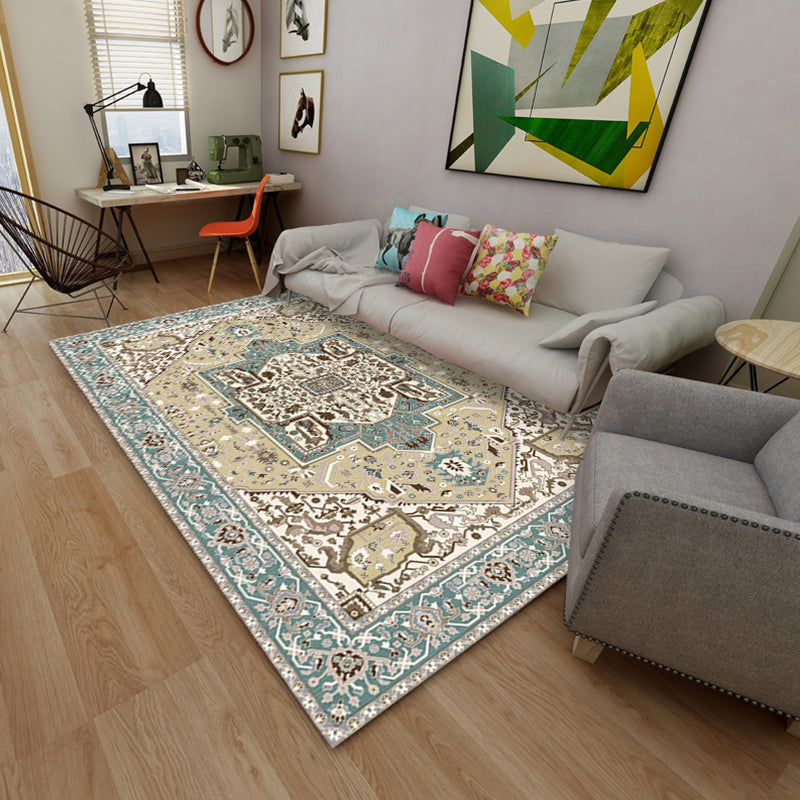 Alfombra de estampado de medallón marroquí alfombra de respaldo de poliéster de poliéster alfombra sin deslizamiento para sala de estar para sala de estar