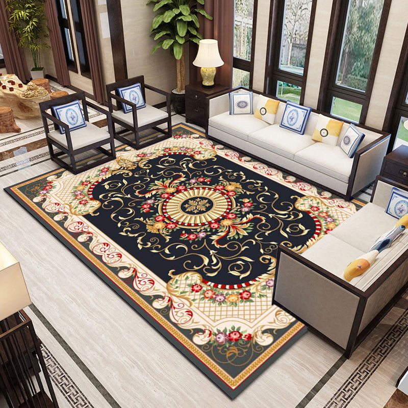 Classical Flower Pattern Rug Polyester Indoor Carpet Non-Slip Backing Area Rug for Living Room