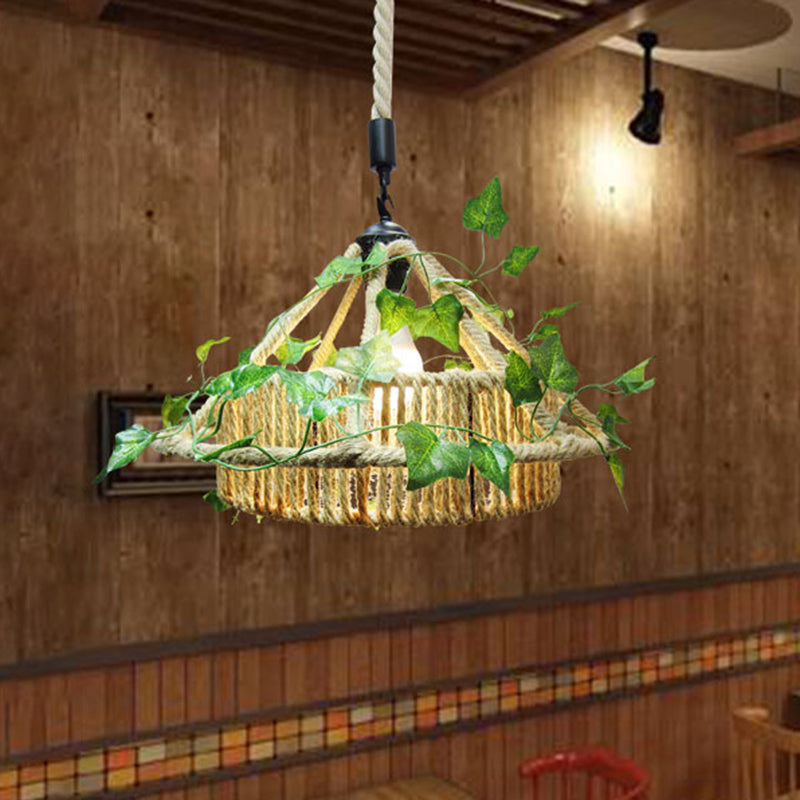 House Restaurant Ceiling Light Retro Metal 1 Head Yellow LED Drop Pendant with Plant Decor