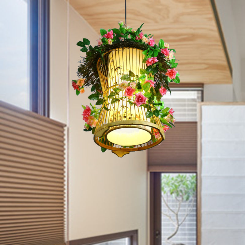 1 Bulb Bamboo Plegador de luz Cilindro industrial Cilíndrico verde/lámpara de queroseno Lámpara de colgación de planta LED